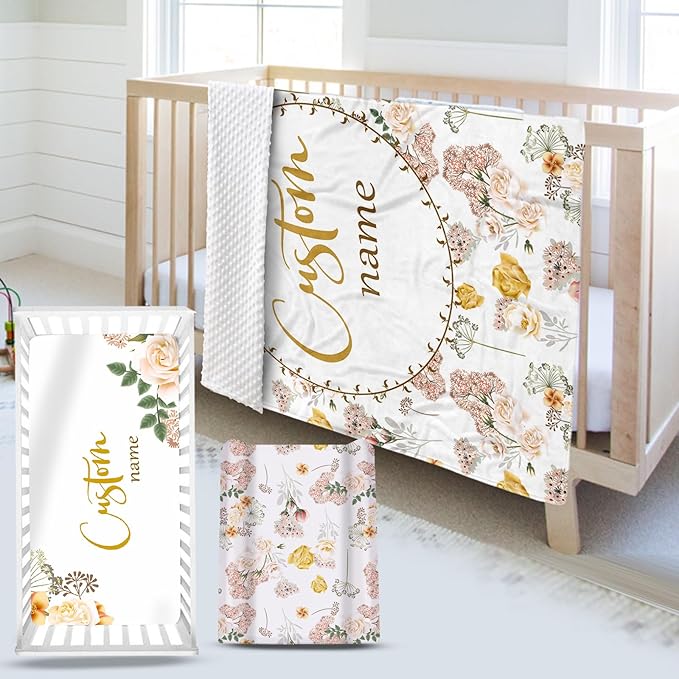 Custom Name Crib Bedding Set 3-Piece – Flowers Design Baby Bedding Set with Personalized Soft Blanket, Fitted Sheet, Changing Pad Cover – Ideal Newborn Gift for Boys and Girls