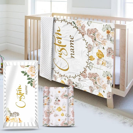 Custom Name Crib Bedding Set 3-Piece – Flowers Design Baby Bedding Set with Personalized Soft Blanket, Fitted Sheet, Changing Pad Cover – Ideal Newborn Gift for Boys and Girls