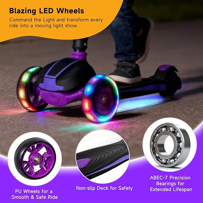 Nattork Kids Scooter for Age 3-8, Toddler Scooter with 4 Adjustable Height for Boys & Girls, Light Up 3-Wheels Foldable Kick Scooter, Lean to Steer, 120LB Weight Capacity