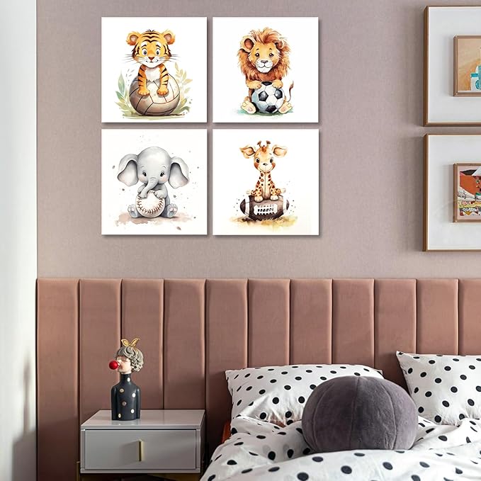 GLOKAKA Set of 4 Jungle Animals Wall Art Watercolor Cute Animals with Baseball Football Volleyball Rugby Kids Boy Sports Wall Decor Painting Print Nursery Decor Artwork