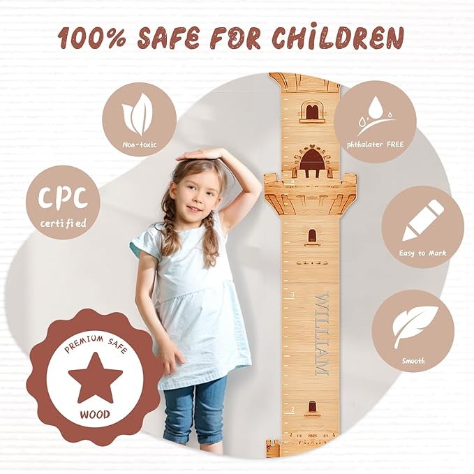 Woodemon Personalized Name Growth Chart, Castle Height Chart, Customized Name Measuring Board for Kids Height, Kids Growth Measurement Decorative Wall Sticker, Nursery Growth Chart Ruler