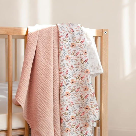 lulumoon Muslin Swaddle Blankets for Baby: Soft Cotton Newborn Receiving Blankets - Floral Print Nursery Gift Set for Baby Girls(Pink Flower)