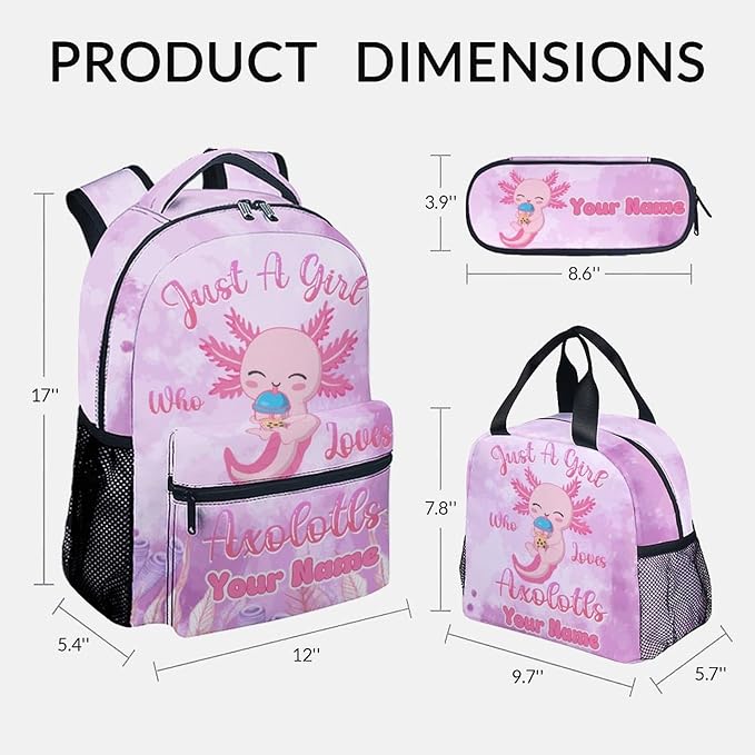 COZYAURA Personalized Kids Backpack with Lunch Box - Cute Axolotl Preppy Backpack for School - Lightweight Pink Backpacks for Girls