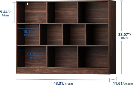 Cozy Castle Brown Bookshelf, 3-Tier Open Shelf Bookcase, 10 Cube Storage Organizer with Anti-Tilt Device, Freestanding Book Storage Shelves for Bedroom, Living Room