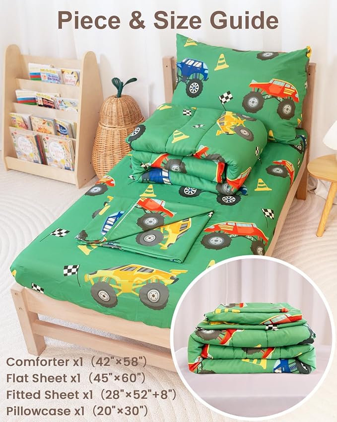 TinyPalsa Toddler Bedding Set, 4-Piece Green Truck Comforter Set for Girls and Boys, Breathable Crib Bedding Includes Ultra-Soft Quilt, Flat and Fitted Sheets, and Reversible Pillowcase