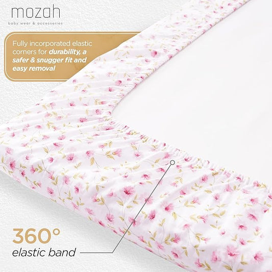 MOZAH Organic Muslin Crib Sheets, Soft and Breathable Bedding for Baby Girls or Boys, Snug Fitted Sheet for Standard Cribs & Toddler Mattresses, 2 Pack, Pink and Pink Leaves