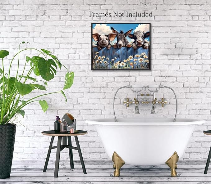 LNLAGBO Farm Animals Canvas Wall Art,Funny Farm Animals Bathroom Decor,Rustic Farmhouse Donkey Pig and Baby Cow Looking Over Fence Canvas Print for Bedroom Living Room Kitchen(11''x14''Unframed)