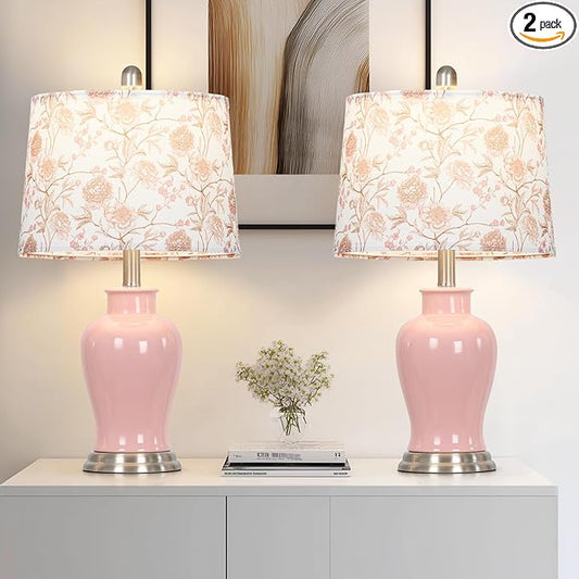 luxeflow Pink Ceramic Table Lamp with Flower Lampshade, 23" Cute Ceramic Bedside Lamp with Ginger Jar Design, Modern Living Room Lamps Set 2, Elegant Bedroom Lamps for Nightstand Desk Side Home Decor