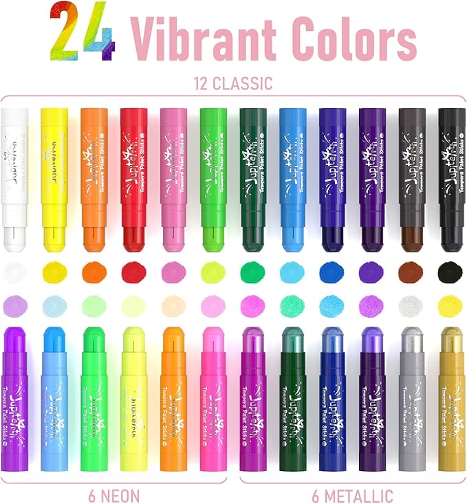 JUPITEARTH 24 Colors Tempera Paint Sticks with 120 PDF Coloring Pages and 30 Stickers, Quick Drying, Smooth, Non-Toxic and Washable Paint Sticks for Kids Drawing on Pumpkin, Wood, Rock, Glass