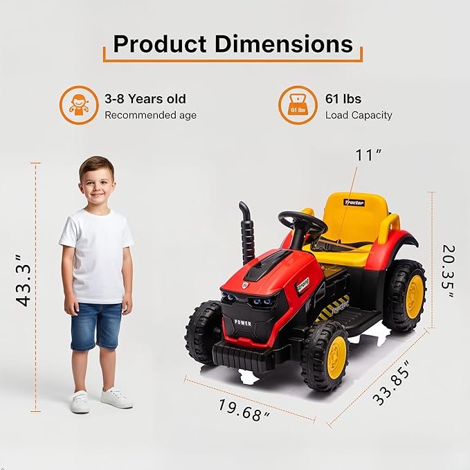 12V Kids Ride On Tractor with Parental Remote, Battery Powered Electric Farm Vehicle with Forward/Reverse, Lights, Music, Bluetooth, Dual Motors, Safe Speed, Outdoor Toy Car for Kids Ages 2-6