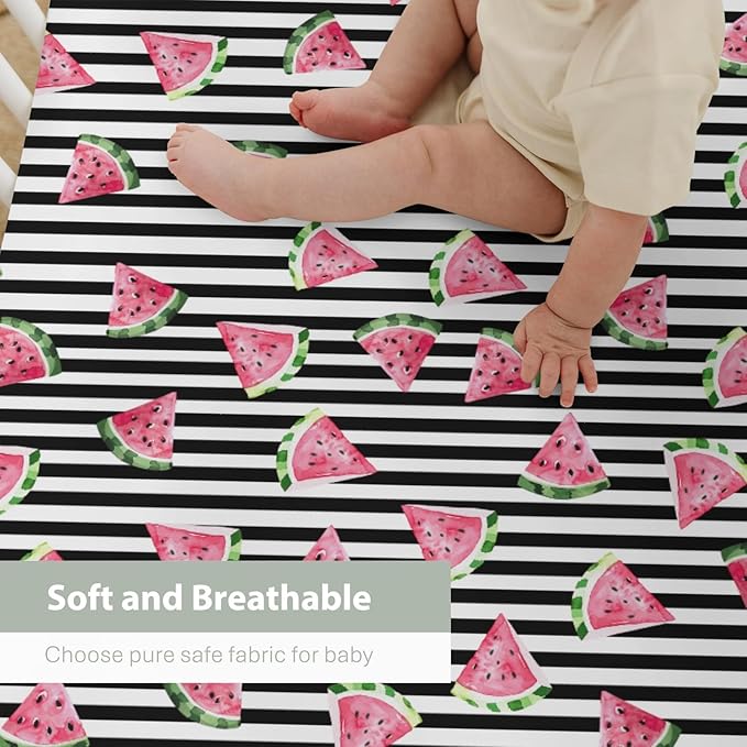 Watermelon Black and White Stripes Baby Crib Sheets for Boy Girl 52"x28" Tropical Summer Fruits Soft Stretchy Fitted Crib Mattress Cover Beach Vacation Baby Sheet for Crib and Toddler Bed Mattresses