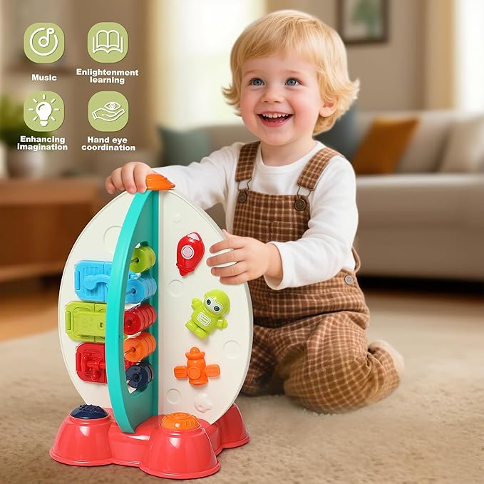 Musical Space Activity Cube Toy with Lights & Sounds - Sensory Educational Busy Board for Baby Boys Girls 6-18 Months, Montessori Learning Toy 1st Birthday Gift (Rocket Theme)