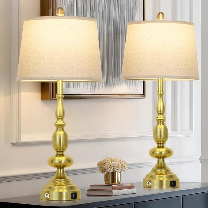 29" Modern Table Lamps Set of 2, Gold Touch Control 3-Way Dimmable Bedside Lamp with USB C+A Ports, Industrial Metal Farmhouse Nightstand Lamps for Living Room Bedroom End Tables(2 LED Bulbs Included)