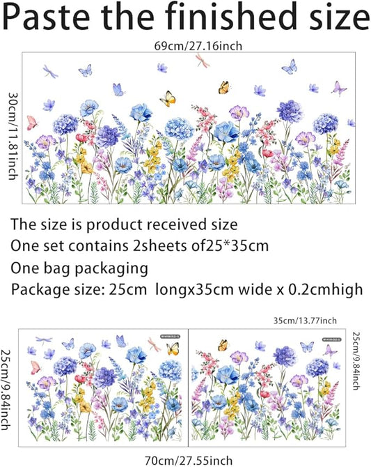 2 Pieces Purple Flowers Wall Decals Vinyl Hydrangea Wall Stickers Removable Floral Art Murals Peel and Stick Colorful Butterfly Decor for Girls Bedroom Living Room Nursery