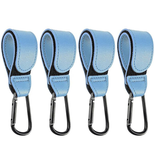 4 Pcs Leather Stroller Hook, Mommy Stroller Clip, Stroller Accessories Organizer Hook, Metal Hook for Strollers/Walkers/Mobility Scooter/Wheelchair/Rollator(SkyBlue)