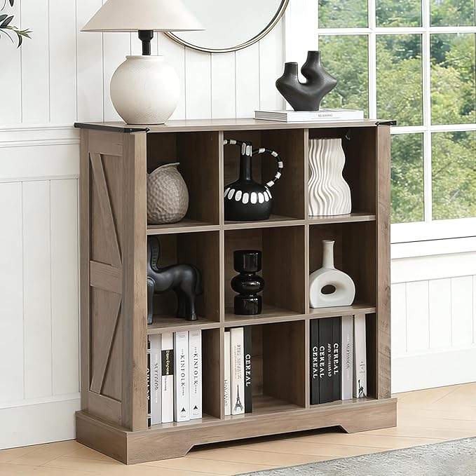 Puntogen 9 Cube Storage Organizer, Wood Cube Bookshelf with LED Lights, Horizontal Storage Cubes, Kids Bookshelf, Display Cabinet Cubby Shelf for Living Room Home Office Bedroom，Grey