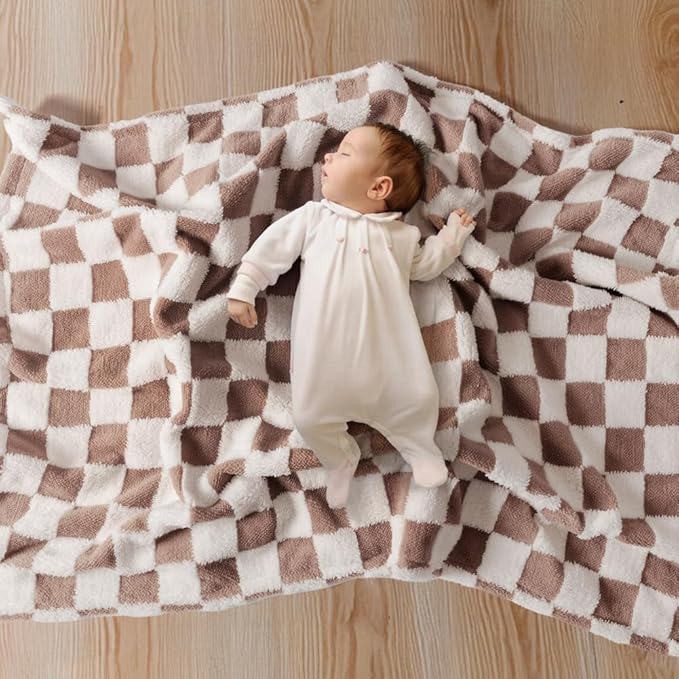 Soft Black and White Checkered Baby Blankets for Unisex Girls or Boys Breathable Gender Neutral Nursery Double Layer Blankets with Dotted Backing for Newborn Toddlers (Minky Brown)
