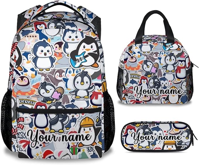 COOPASIA Personalized Penguin Backpack with Lunch Box and Pencil Case, 16 Inch Penguin Theme Bookbag with Adjustable Straps, Durable, Lightweight, Large Capacity, School Backpack for Girls Women