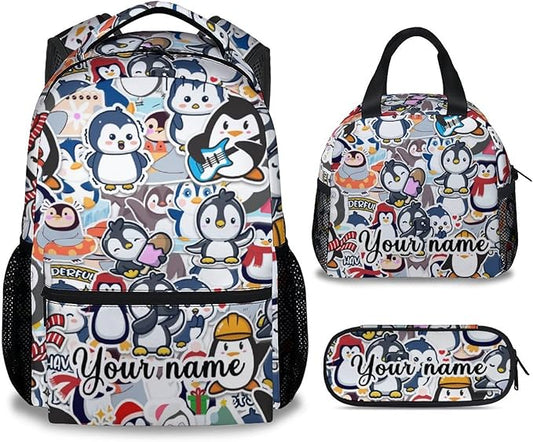 COOPASIA Personalized Penguin Backpack with Lunch Box and Pencil Case, 16 Inch Penguin Theme Bookbag with Adjustable Straps, Durable, Lightweight, Large Capacity, School Backpack for Girls Women