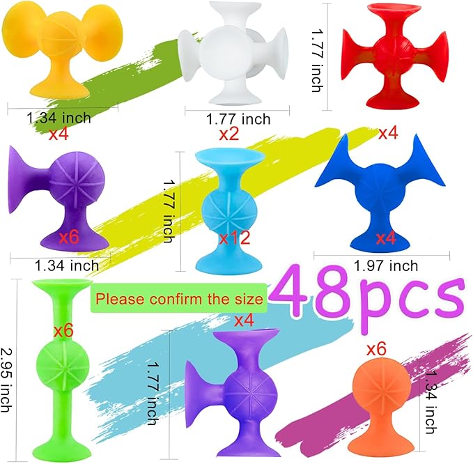 48 Piece Suction Cup Bath Toys for Kids Ages 3+, Sensory Toys for Autistic Children, Stocking Stuffers Travel Window Stem Learning, Bathtub with Storage