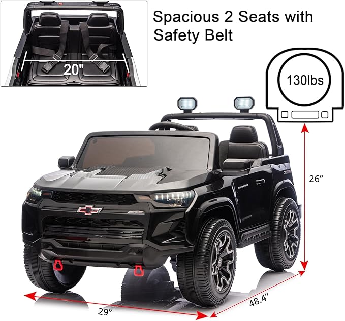 POSTACK Official License Chevrolet 24V 7Ah Big Battery Powered Kids Ride On Toy Car 2-Seater Truck with Remote Control,LED Bright Lights and Music Play Children Gifts for Boys and Girls Black