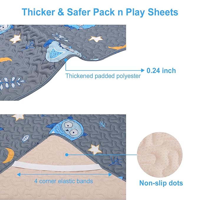 Quilted Pack n Play Sheet Fitted, Breathable Thick Pad for Pack and Play Mattress, Pack and Play Mattress Sheet fits Graco, Portable Mini Cribs, Play Yards, Padded Playpen Protector Cover