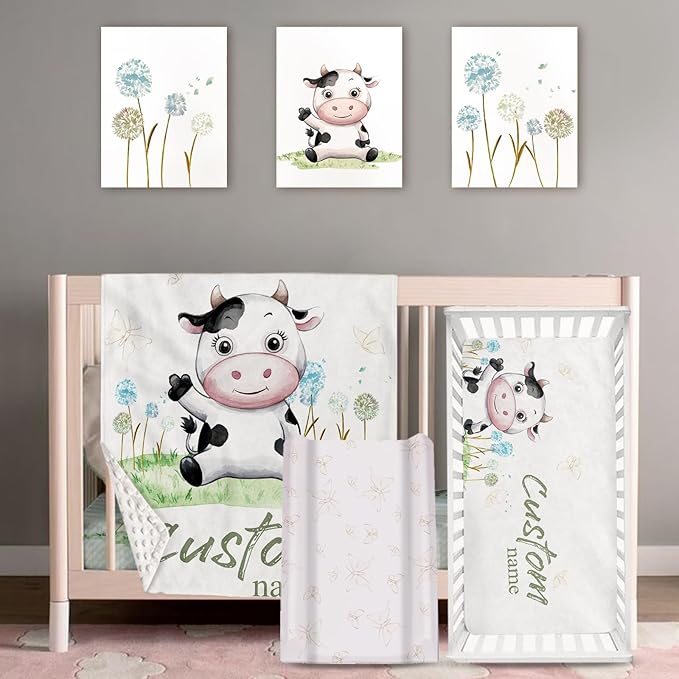 Personalized Baby Crib Bedding Set: 4 Piece Custom Gift Crib Bed Set with Name - Cute Cow Theme,Nursery Bedding Set for Baby Girls Crib,Newborn Boys Girls Crib Sets, Crib Bedding Shower Gifts