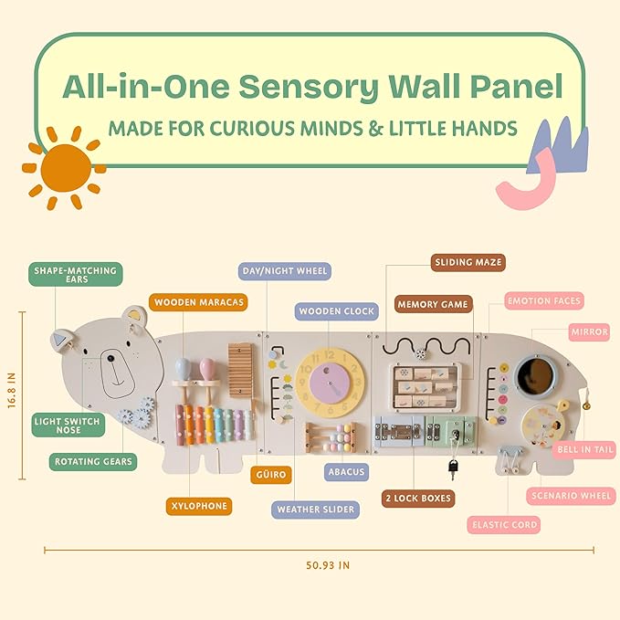 Sensory Wall Panel for Kids – Toddler Learning Activity Center - Emotional Development & Fine Motor Skills – Toddler Learning Activity Center- Busy board Montessori toys