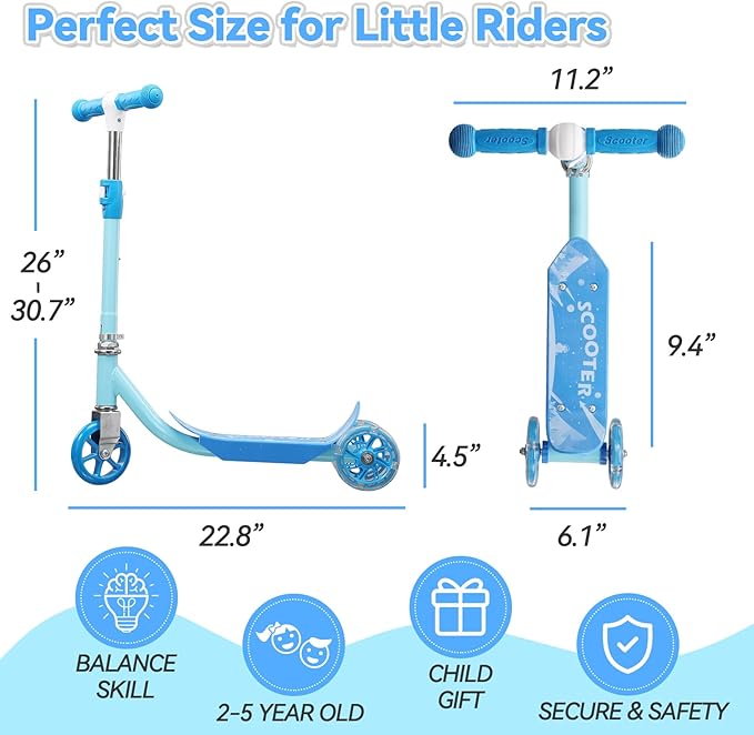 Toddler Scooter, Scooters for Kids Age 3-5, Boy Girl Gift 3-Wheel Kick Scooter with LED Light Up Wheels, Adjustable T-Bar Handle, Cute Deck, Safe Smooth Riding Outdoor, Max 100 lbs, Xmas Box Wrapped
