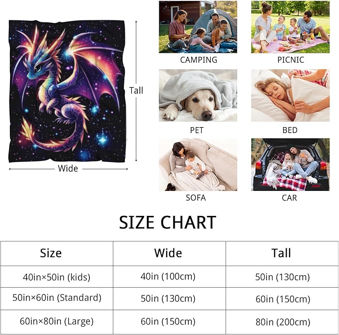 GNEW Cute Galaxy Dragon Throw Blanket, Kawaii Dragon Gifts for Kids, Sparkle Galaxy Starry Stars Animal Print Blanket, Blue Purple Pink Black, 60"x50"