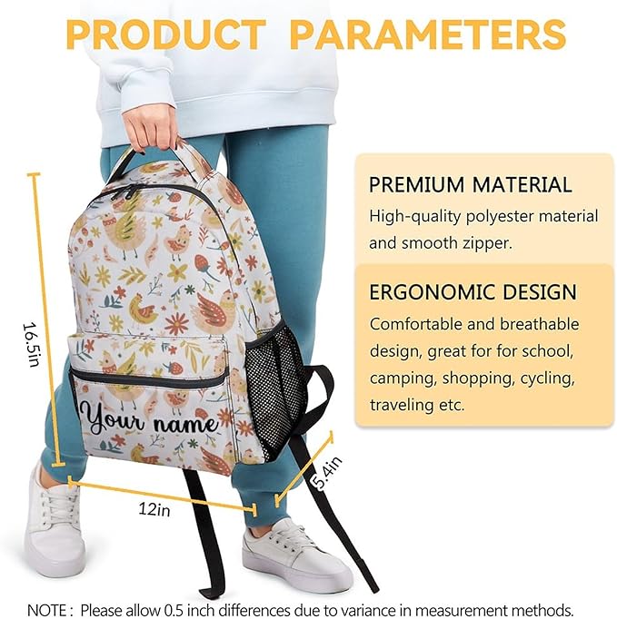 COOPASIA Personalized Chicken Backpack, 16 Inch Animal Theme Bookbag with Adjustable Straps, Durable, Lightweight, Large Capacity, School Backpack for Kids Girls Boys