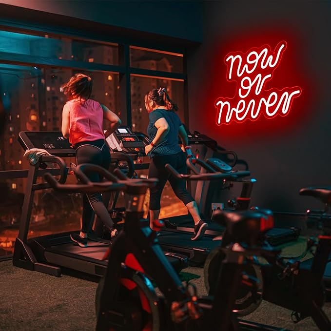 Gym Neon Sign for Wall Decor Home Gym Decor Now or Never Inspirational LED Signs for Man Cave Workout Study Room Office Party Quote Motivational Art Gifts for Men Sports Fans Size 13.8*9.6in（GLND377）