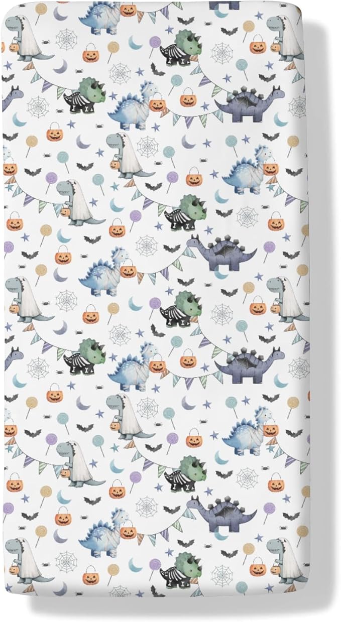 Cute Halloween Dinosaurs Baby Crib Sheets Spooky Dinosaur Pumpkin Bats Fitted Crib Mattress Cover for Standard Crib Toddler Mattress Halloween Night Baby Sheet 28x52in