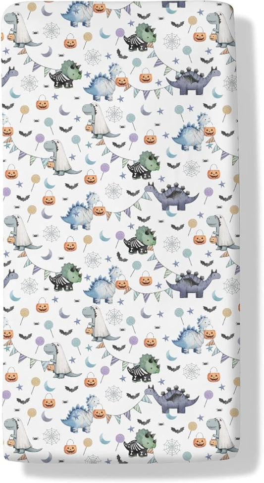Cute Halloween Dinosaurs Baby Crib Sheets Spooky Dinosaur Pumpkin Bats Fitted Crib Mattress Cover for Standard Crib Toddler Mattress Halloween Night Baby Sheet 28x52in