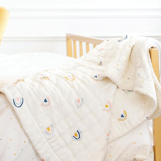 MakeMake Organics Organic Baby Blanket GOTS Certified Organic Comforter Cotton Infill Tufted - Reversible Ultra Soft Breathable (30"x40", Dotty + Rainbow)