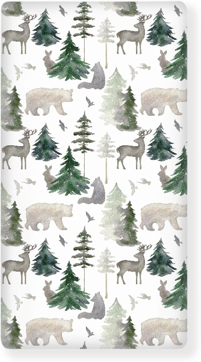 Woodland Forest Animals Fitted Crib Sheet for Boys Girls Watercolor Pine Tree Baby Sheet for Standard Crib and Toddler Rabbit Deer Bear Nursery Bed Mattress Sheets 28"x52"