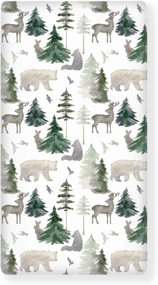 Woodland Forest Animals Fitted Crib Sheet for Boys Girls Watercolor Pine Tree Baby Sheet for Standard Crib and Toddler Rabbit Deer Bear Nursery Bed Mattress Sheets 28"x52"
