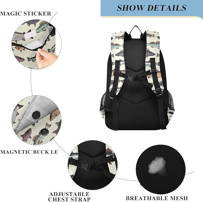 Jucciaco Vintage Fishes School Backpack Laptop Travel Daypack for Kids Girls Boys, Personalized Computer Notebooks Bookbag with Adjustable Padded Straps