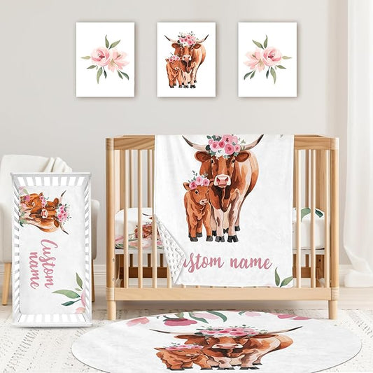 Personalized Baby Crib Bedding Set: 4 Piece Custom Pink Flowered Highland Cow Crib Bed Set with Name, Nursery Bedding Set for Baby Girls, Newborn Boys Crib Sets, Crib Bedding Custom Gift, Crib Sheet
