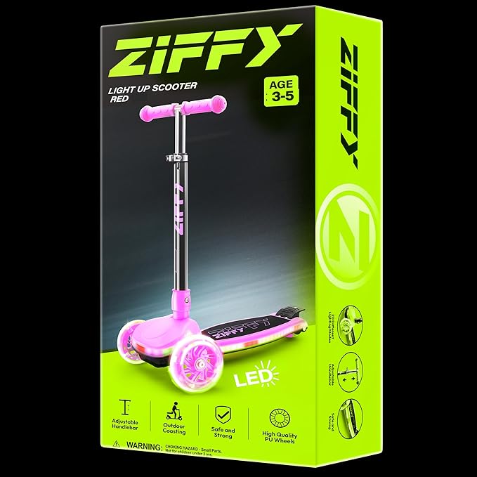 ZIFFY 3-Wheel Light-Up Toddler Scooter for Kids 3-8, Kids Scooter for Boys Girls with 20 Dynamic LED Lights, 4 Adjustable Height Balance Kick Scooter 110LBS, Lean-to-Steer Anti-Slip Wide Deck by JOVA