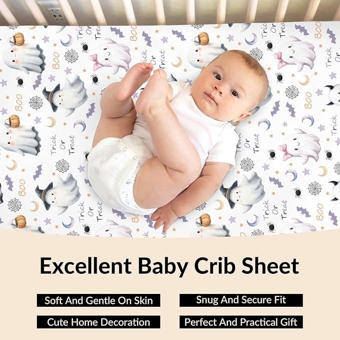 Cute Spooky Halloween Baby Crib Sheets Watercolor Witch Hat Spooky Pumpkins Baby Sheets Fall Moon Stars Fitted Crib Mattress Cover for Standard Crib Toddler Mattresses 28x52in