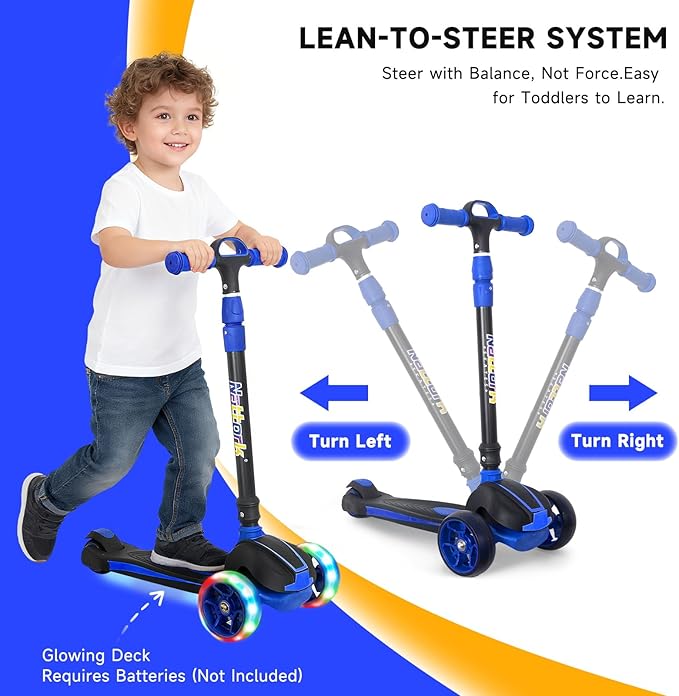 Nattork Kids Scooter for Age 3-8, Toddler Scooter with 4 Adjustable Height for Boys & Girls, Light Up 3-Wheels Foldable Kick Scooter, Lean to Steer, 120LB Weight Capacity