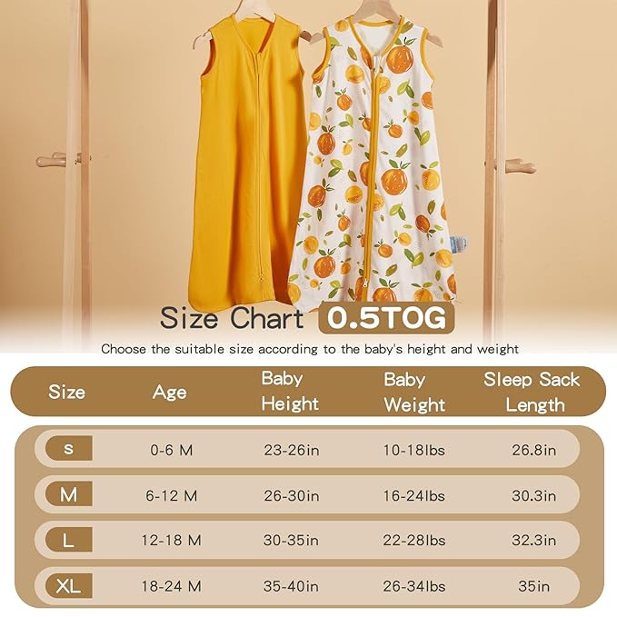 TILLYOU 2 Pack Infant Sleep Sack 0-6 Months 100% Cotton Wearable Blanket 0.5 TOG Sleeveless Summer Sleep Sacks with 2-Way Zipper, Orange Flavour & Orange