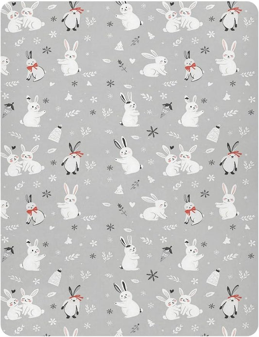 Pfrewn Christmas Crib Sheets for Boys Girls Cute White Bunnies Snow Fitted Crib Sheet Fits Standard Crib Mattress Pads Winter Pattern Stretch Soft Toddler Baby Sheet,52x28IN