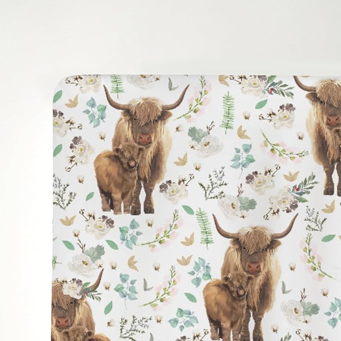 Floral Highland Cow Baby Crib Sheets for Boy Girl 28"x52" Cute Watercolor Cows Yak Cattle Soft Snug Fitted Crib Mattress Cover Spring Farm Animal Baby Sheet for Standard Crib & Toddler Bed Mattress