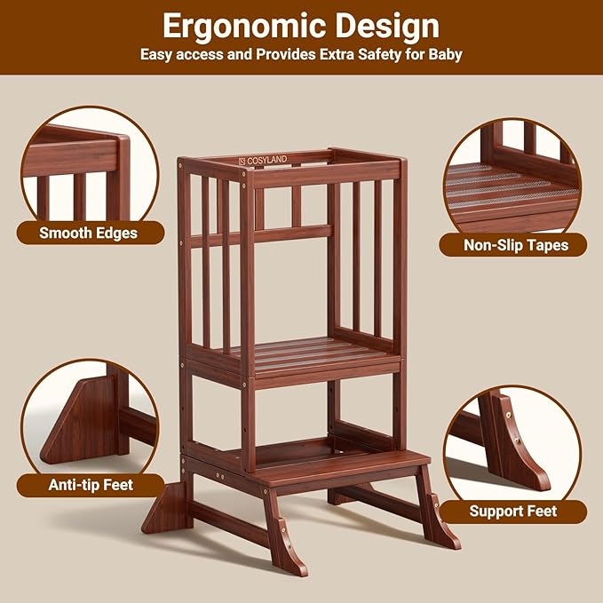 COSYLAND Toddler Step Stool Height Adjustable – Portable Kids Kitchen Stool Helper with Stabilizing Base Block – Toddler Standing Tower for Bathroom Kitchen Living Room Dining Room (Brown)