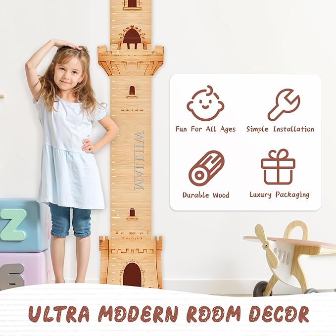 Woodemon Personalized Name Growth Chart, Castle Height Chart, Customized Name Measuring Board for Kids Height, Kids Growth Measurement Decorative Wall Sticker, Nursery Growth Chart Ruler