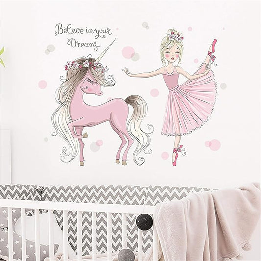 ROFARSO Colorful Cute Lovely Wall Stickers for Kids Peel and Stick Removable Wall Decals DIY Decorations Decor for Nursery Baby Girls Bedroom Playroom Living Room (Ballet Girl with Unicorn)