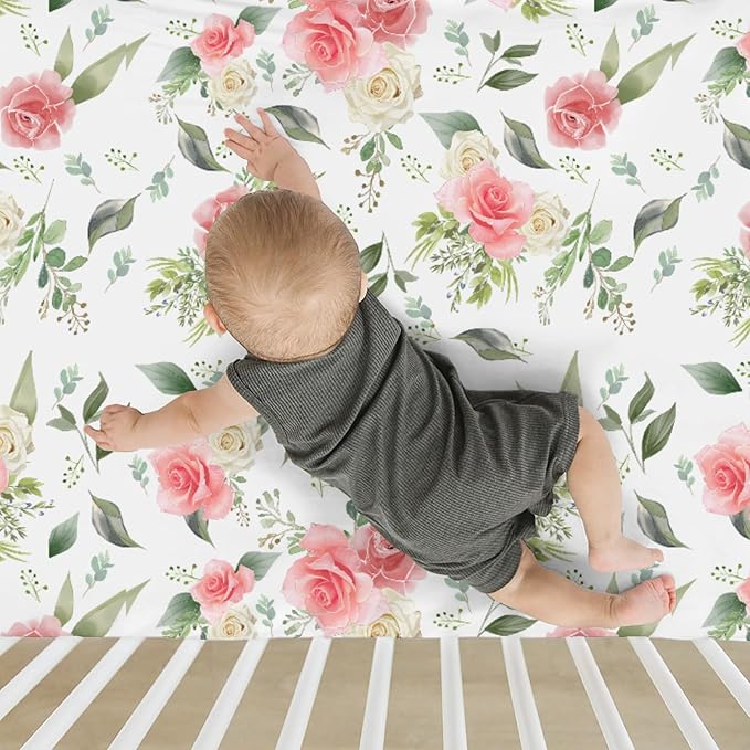 Bloom Rose Green Leaves Baby Crib Sheets for Boy Girl 52"x28" Boho Floral Soft Stretchy Fitted Crib Mattress Cover Spring Summer Flowers Nursery Baby Sheet for Standard Crib & Toddler Bed Mattress