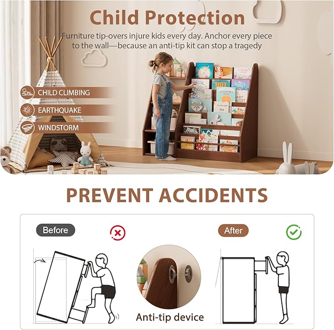 DONGMUWUJEE Solid Wood Kids Bookshelf and Storage Organizer, 7 Layer Children Bookcase, Baby Toddler Wooden Book Shelf, Display Cabinet for Playroom, Bedroom, Classroom, Nursery, School, Walnut